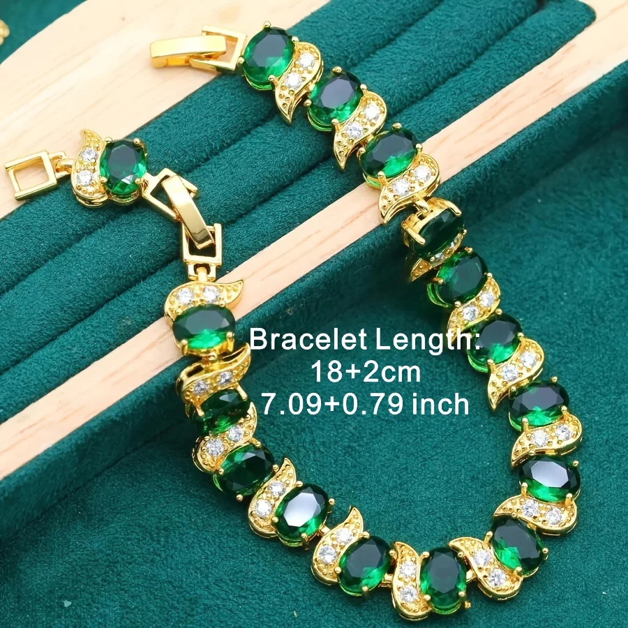 Stud Earrings + Ring + Necklace + Bracelet Elegant Jewelry Set 18k Gold Plated Inlaid Emerald Stone Wedding Jewelry Gifts For Eid - Deanwangkt
