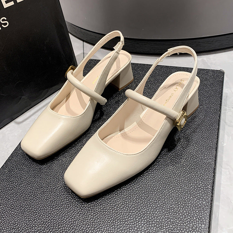 DEANWANGK  Chunky Heel Closed Toe Sandals Women's  New Style Back Empty Buckle High Heel Women's Sandals Square Toe Low-Cut Mary Jane Shoes - Deanwangkt