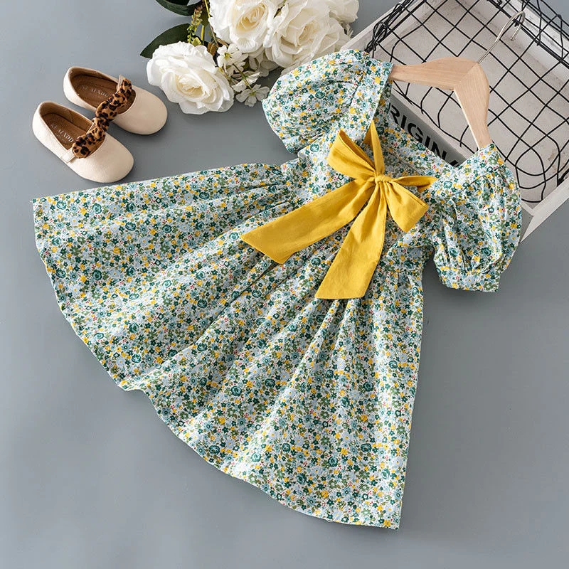 Girls' Princess Dress Summer New Bow Baby Korean Style Western Style Children Cotton Short Sleeve Floral Skirt 6300 - Deanwangkt