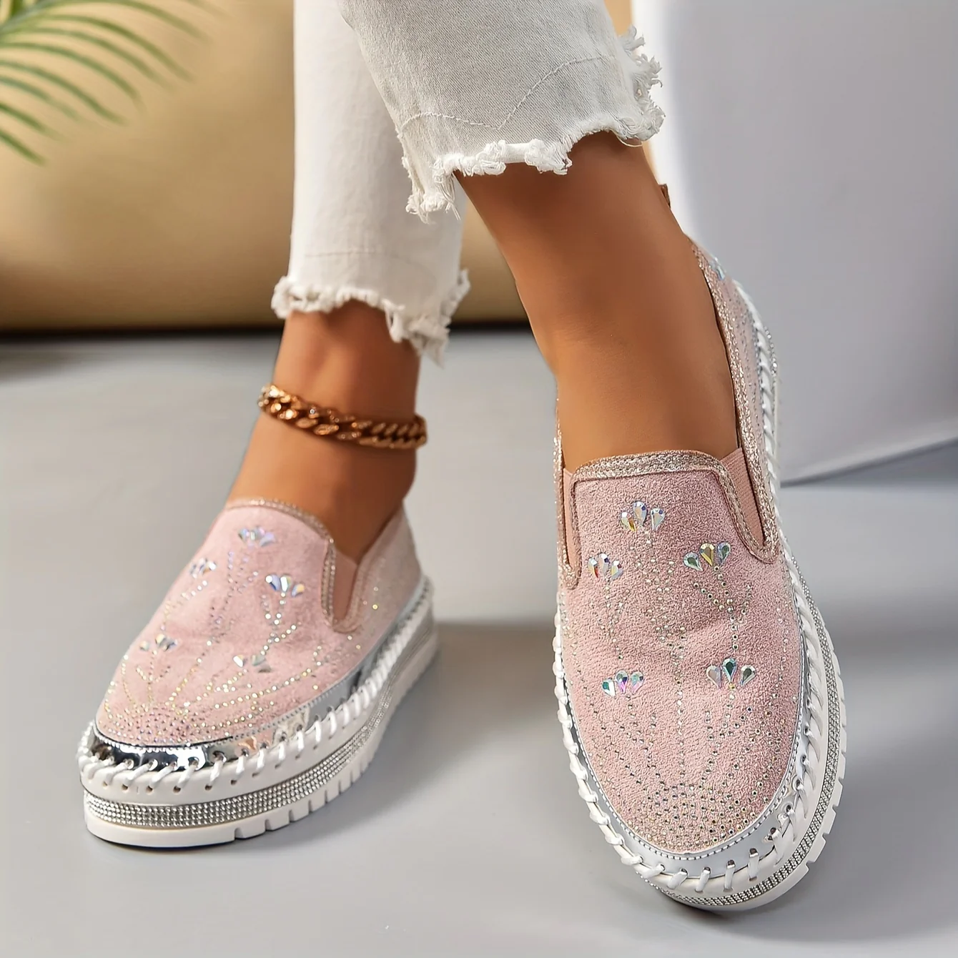 Womens Luxurious Rhinestone Decor Flatform Loafers - Elegant Round Toe, Easy Slip On, Ultra-Soft, Versatile Shoes for Outdoor Activities - Stylish Comfort for Various Occasions - Deanwangkt