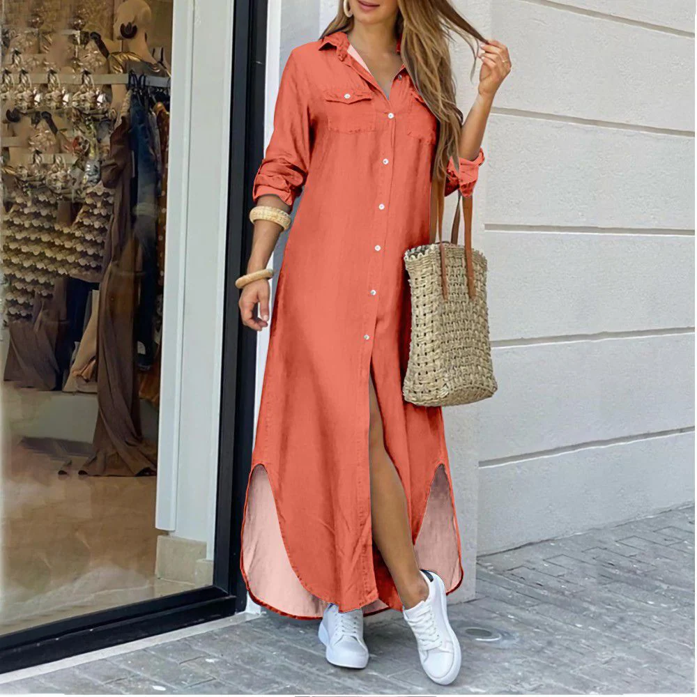 DEANWANGKT Cross-Border Women's Clothing  EBay New European and American Fall Winter Fashion Sexy Shirt Maxi Dress Women - Deanwangkt