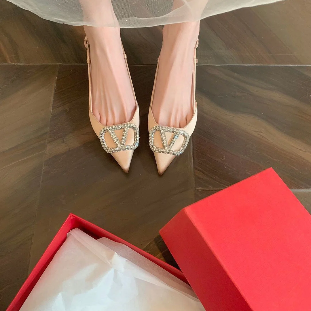 DEANWANGKT  Pointed Toe Sandals V Buckle Patent Leather High Heels Women's Summer Nude Color Versatile  Style Temperament Stiletto Heel Back Empty Toe Box Shoes - Deanwangkt