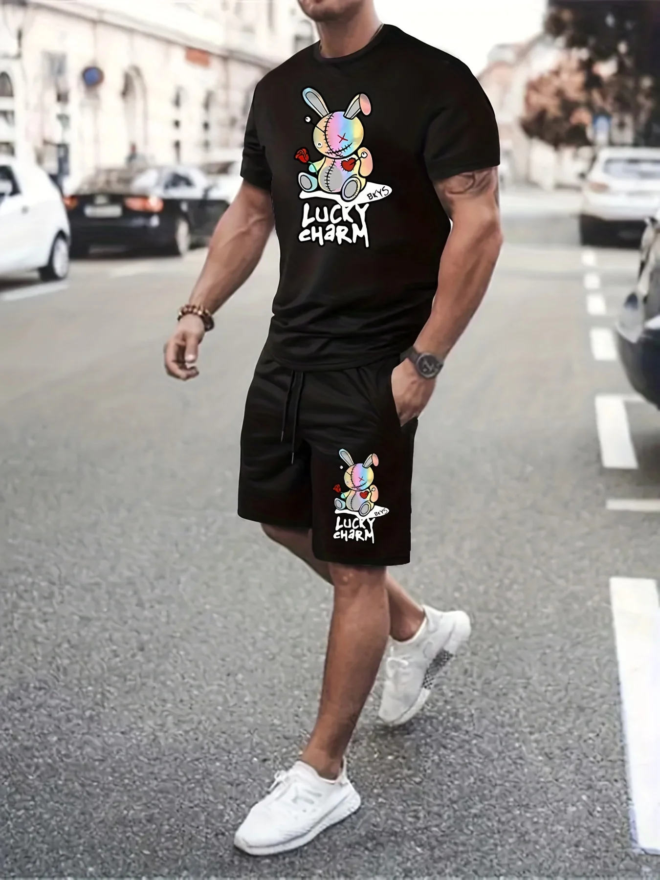 2pcs Mens LUCKY CHARM Loungewear Set - Fashion Bunny Doll Print T-Shirt & Drawstring Shorts with Pockets - Comfortable Casual Pajama Outfit for All-Day Wear - Deanwangkt