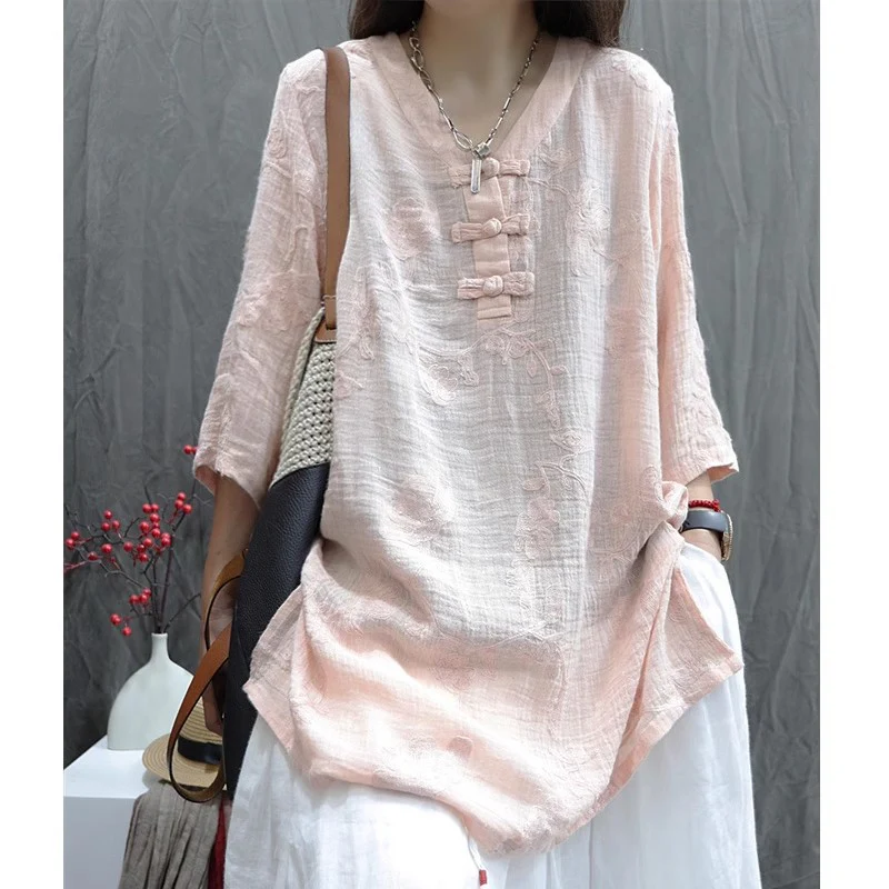 Cotton and linen women's clothing  summer new jacquard loose temperament V-neck buckle Popular style versatile medium-sleeved shirt women - Deanwangkt