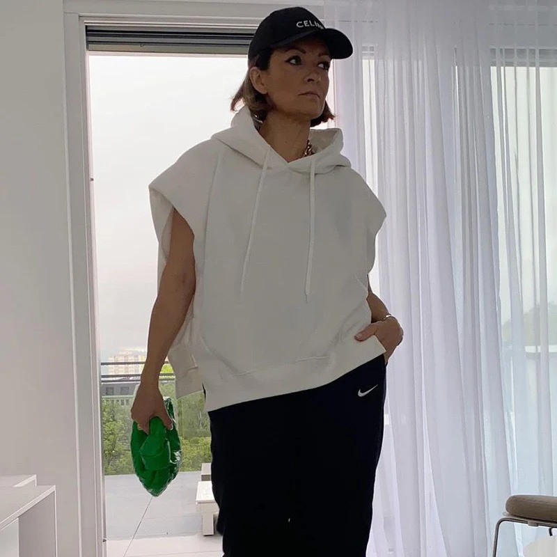 DEANWANGKT Cross-border 2025 ins style  autumn new women's clothing solid color shoulder padded hoodie casual sweater vest jacket - Deanwangkt