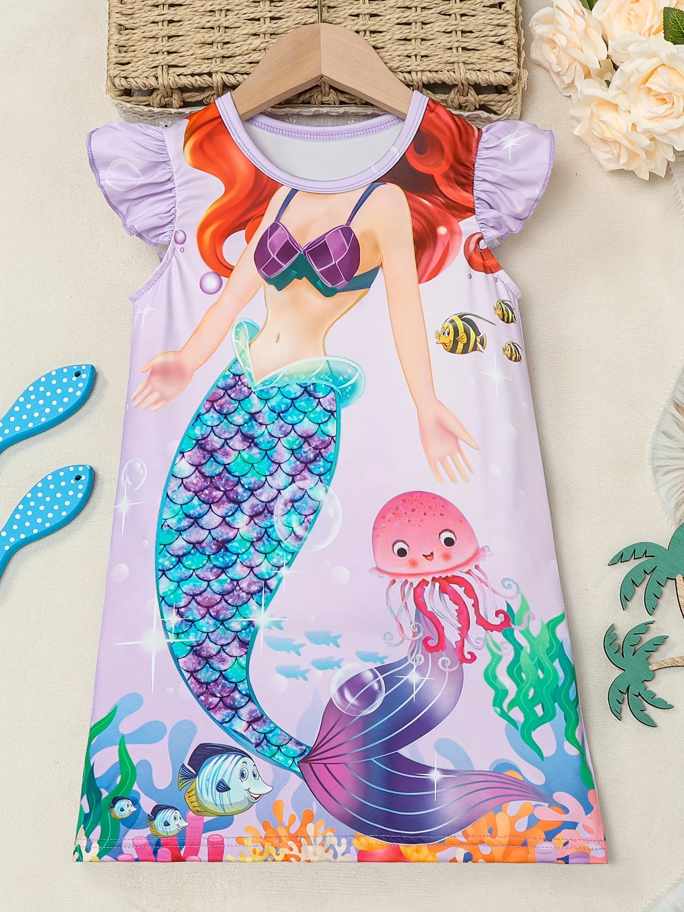 Girls Cartoon Mermaid Graphic Flutter Trim Crew Neck Knitted T-shirt Dress for Summer Party - Soft Slight Stretch Fabric, Machine Washable, Regular Fit, Portrait Pattern, Casual Style - Deanwangkt