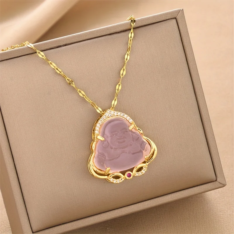 1pc Retro Imitation Jade Buddha Pendant Necklace Classic Versatile Synthetic Gems Pendant Jewelry Luck Accessories For Daily Wear, Gift For Friends - Deanwangkt