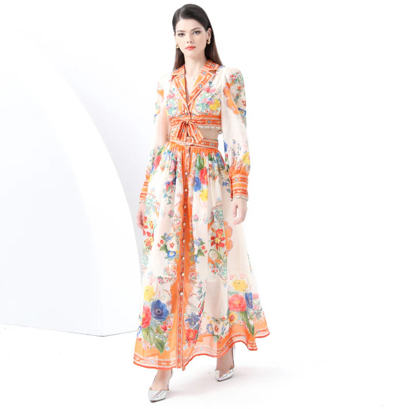 Popular, ,  New women's clothing vacation suit collar lace-up long-sleeved top + long high-waisted skirt - Deanwangkt