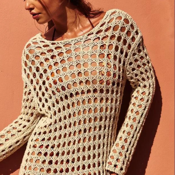 DEANWANGKT 2025spring and summer new hollow knitted sweater  long-sleeved sexy vacation beach bikini hollow blouse - Deanwangkt