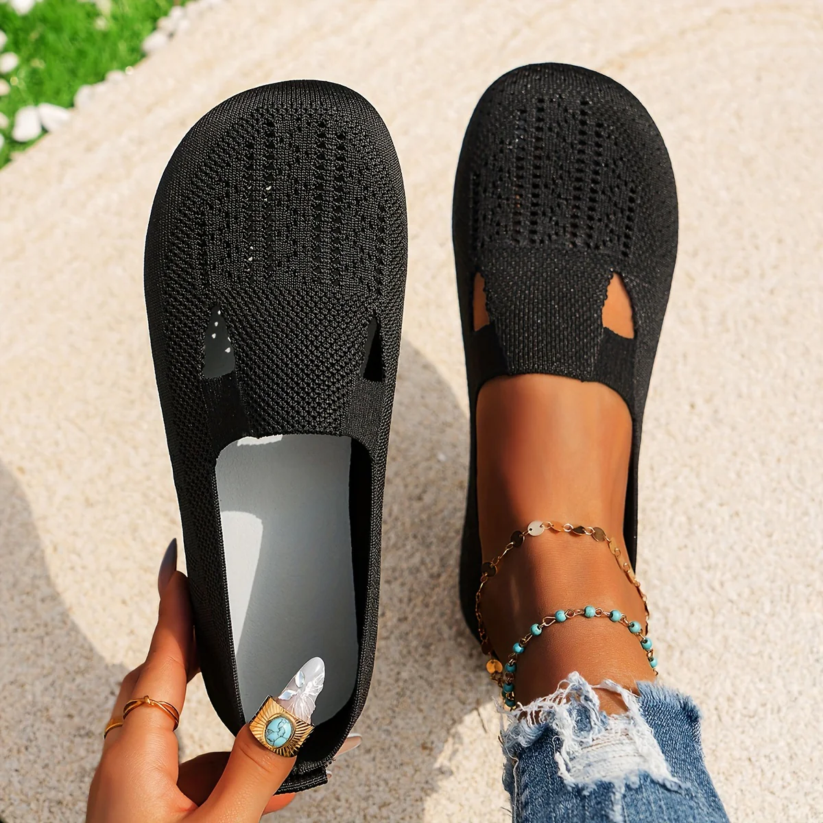 Comfy Womens Flat Shoes - Breathable Knitted Slip-On Loafers for Casual Outdoor Walking - Lightweight Fabric Upper, TPU Sole, and Soft Insole for All-Season Comfort - Deanwangkt