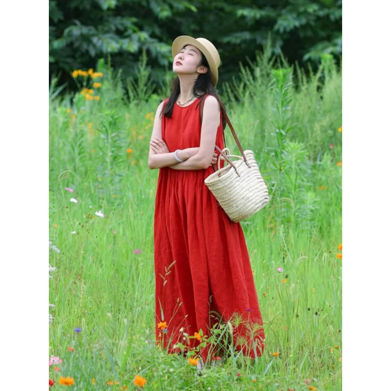 Temperament red sleeveless vest dress women's  spring new unique super good-looking loose long dress children - Deanwangkt