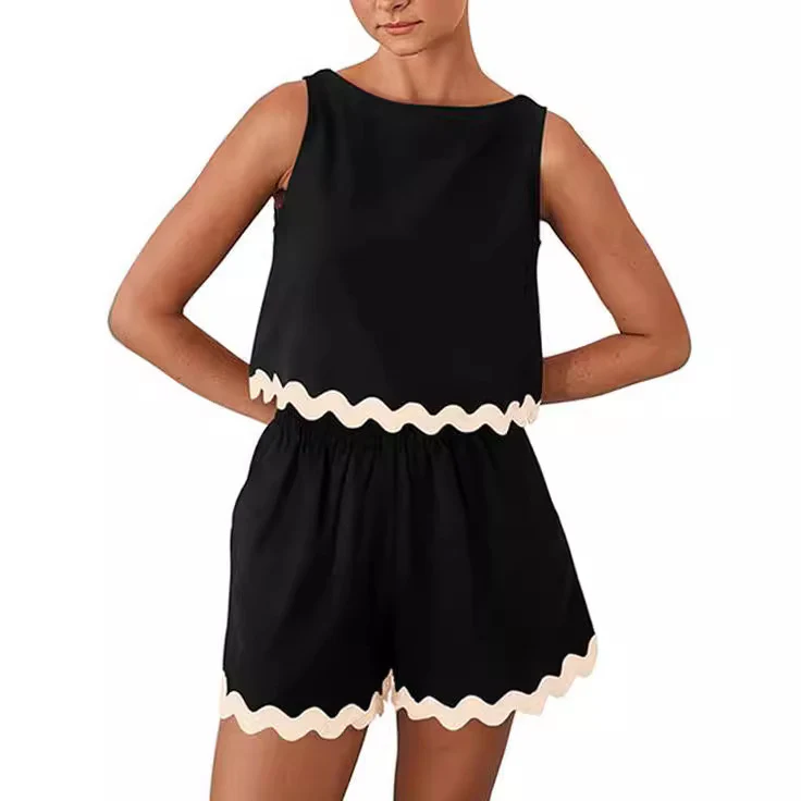 DEANWANGKT  Independent Station European and American Style Women 2-Piece Beach Vacation Clothing Casual Short T-shirt Shorts Set - Deanwangkt