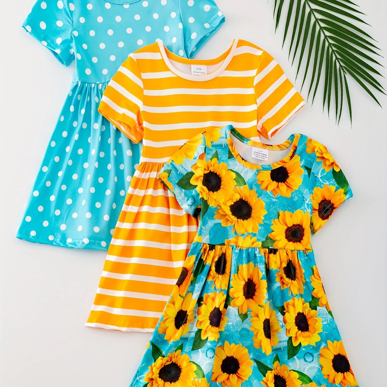 3pcs Girls Charming Short Sleeve Dress Set - Adorable Striped & Polka Dot Print with Sunflower Accent - Lightweight Summer Wear for Parties and Gifts - Deanwangkt