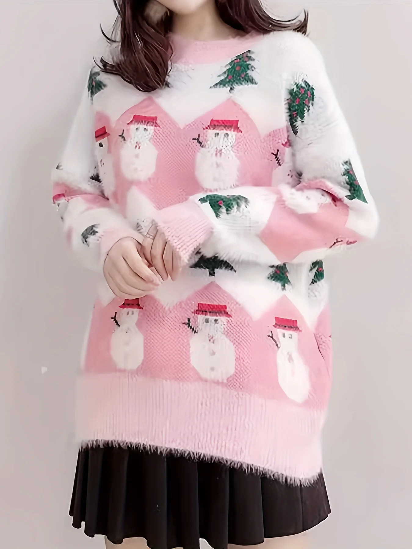 Women's Christmas Sweater, Polyester Knit Pullover, Round Neck, Festive Holiday Pattern, Autumn/Winter Fashion, Cozy Warm Sweatshirt for Ladies - Deanwangkt