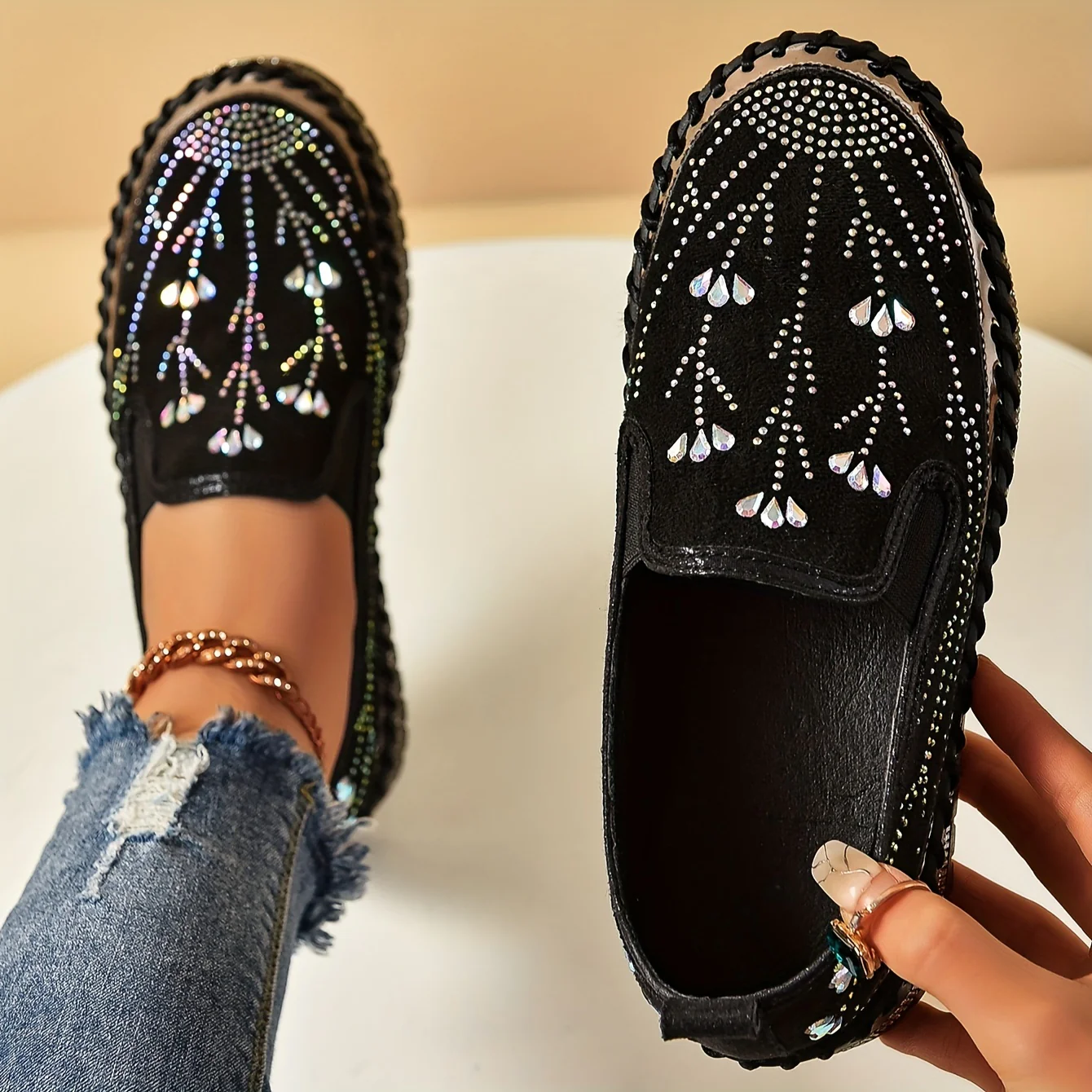 Womens Luxurious Rhinestone Decor Flatform Loafers - Elegant Round Toe, Easy Slip On, Ultra-Soft, Versatile Shoes for Outdoor Activities - Stylish Comfort for Various Occasions - Deanwangkt