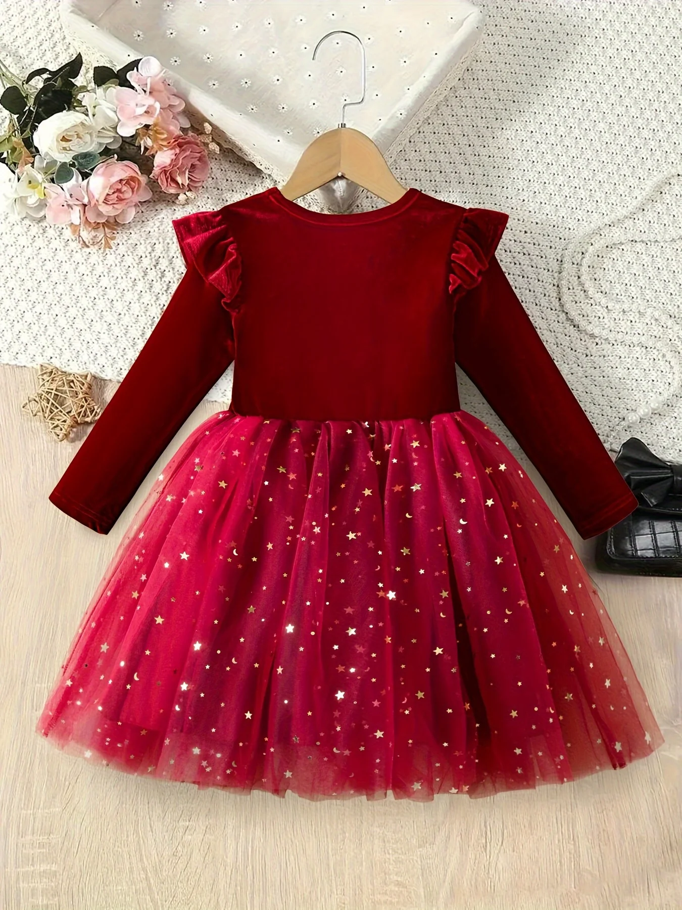 Girls' Elegant Long Sleeve Princess Dress, Cotton Blend with Mesh Contrast, Velvet Top, Perfect for Party, Holiday, Christmas - Spring/Fall Wear for Children Under 12 - Deanwangkt