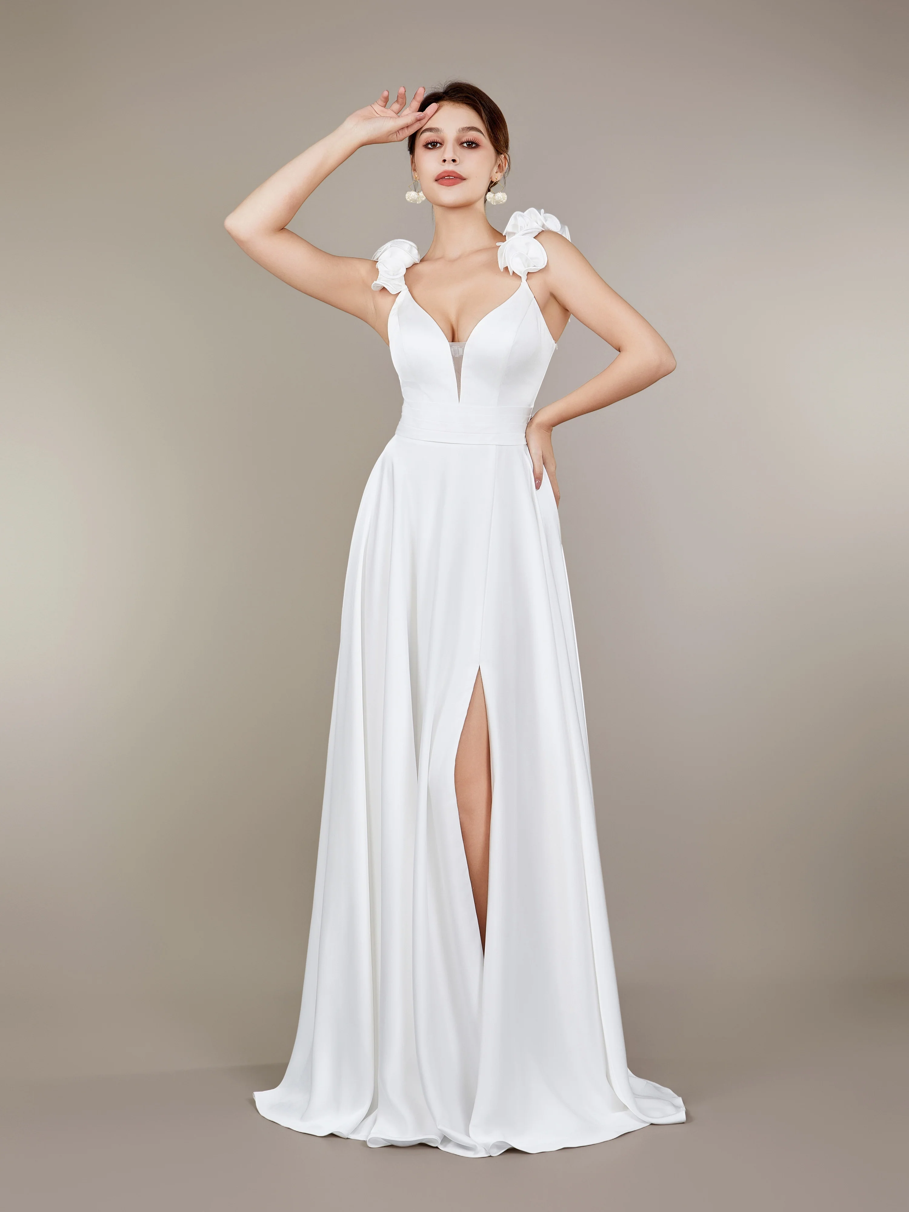 Vibrant Floral Cami Wedding Dress - Daring Split Thigh, Crisscross Backless, Flattering V-neck, Sweep Train - Exquisite Womens Formal Wear for Elegant Wedding Occasions - Deanwangkt