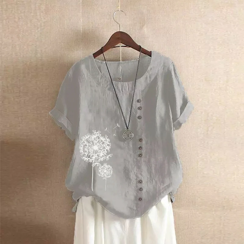 DEANWANGKT  2022 Summer Retro plus Size Casual Loose Cotton and Linen Short Sleeve Pullover T-shirt Cotton and Linen Women's Clothing plus Size Women's Clothing - Deanwangkt