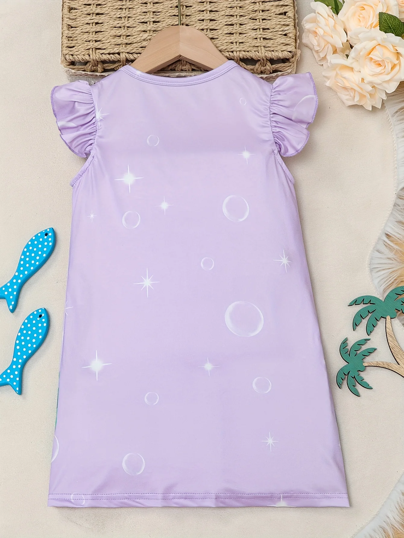 Girls Cartoon Mermaid Graphic Flutter Trim Crew Neck Knitted T-shirt Dress for Summer Party - Soft Slight Stretch Fabric, Machine Washable, Regular Fit, Portrait Pattern, Casual Style - Deanwangkt