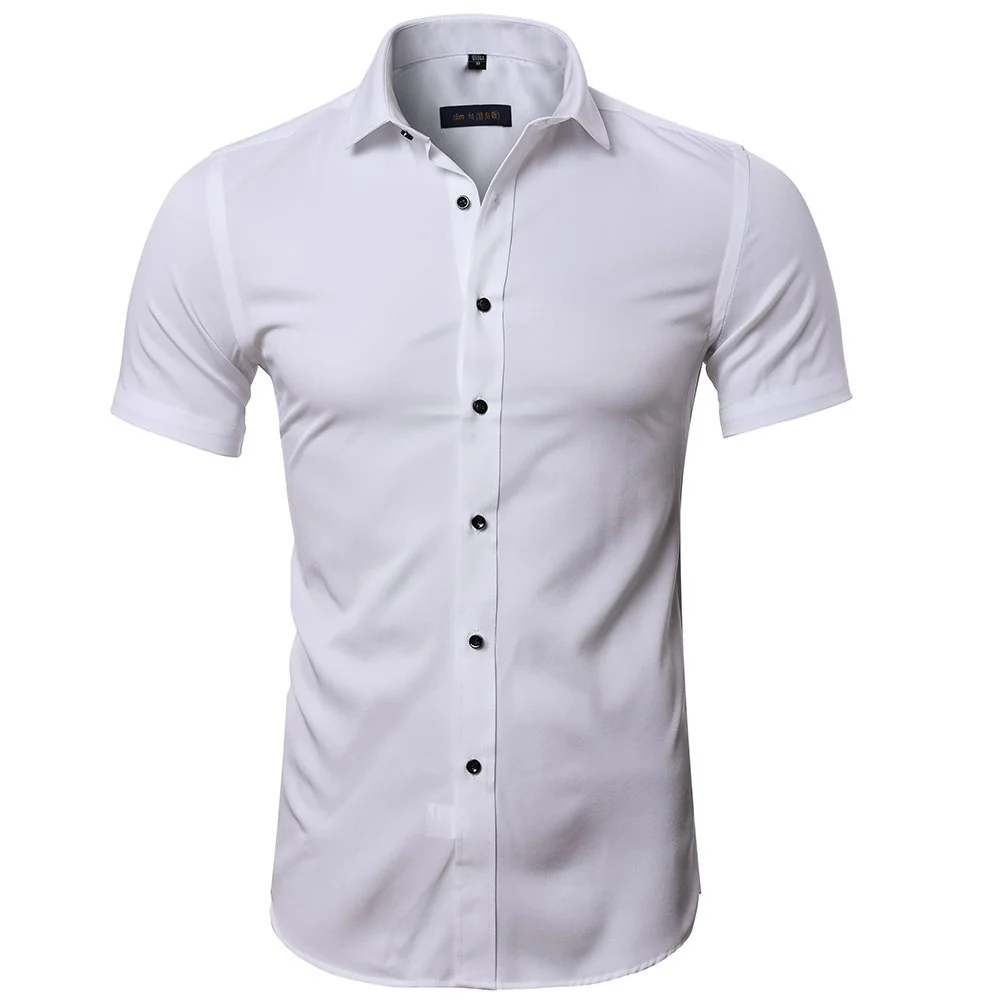 DEANWANGKT 2025 Popular trade business men's short-sleeved shirt  men's shirt non-ironing bamboo fiber solid color white inch shirt wholesale - Deanwangkt