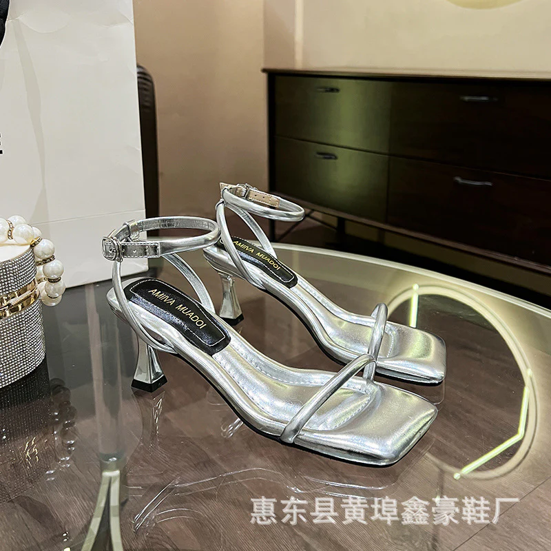 DEANWANGKT  Xinhao Shoes Factory  Square Head Fruit Shell with the Same Thin Strap Soft Strap Soft Bottom Strap Comfortable High Heel Sandals - Deanwangkt