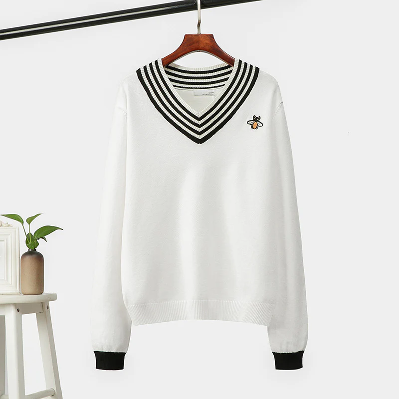 DEANWANGKT 2025 autumn and winter sweaters Little Bee embroidered knitted sweater pullover long sleeve loose large size striped V-neck top - Deanwangkt