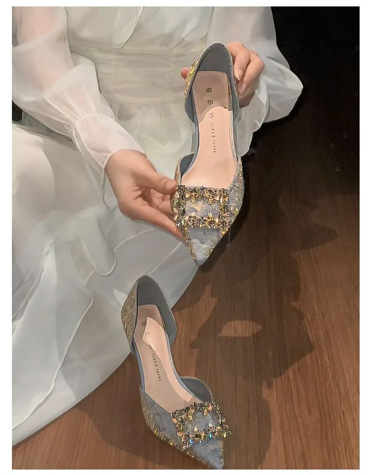 DEANWANGK  Stiletto Hollow  Summer New Sexy Dignified Rhinestone Square Buckle Low-Cut Pointed 6cm High Heels - Deanwangkt