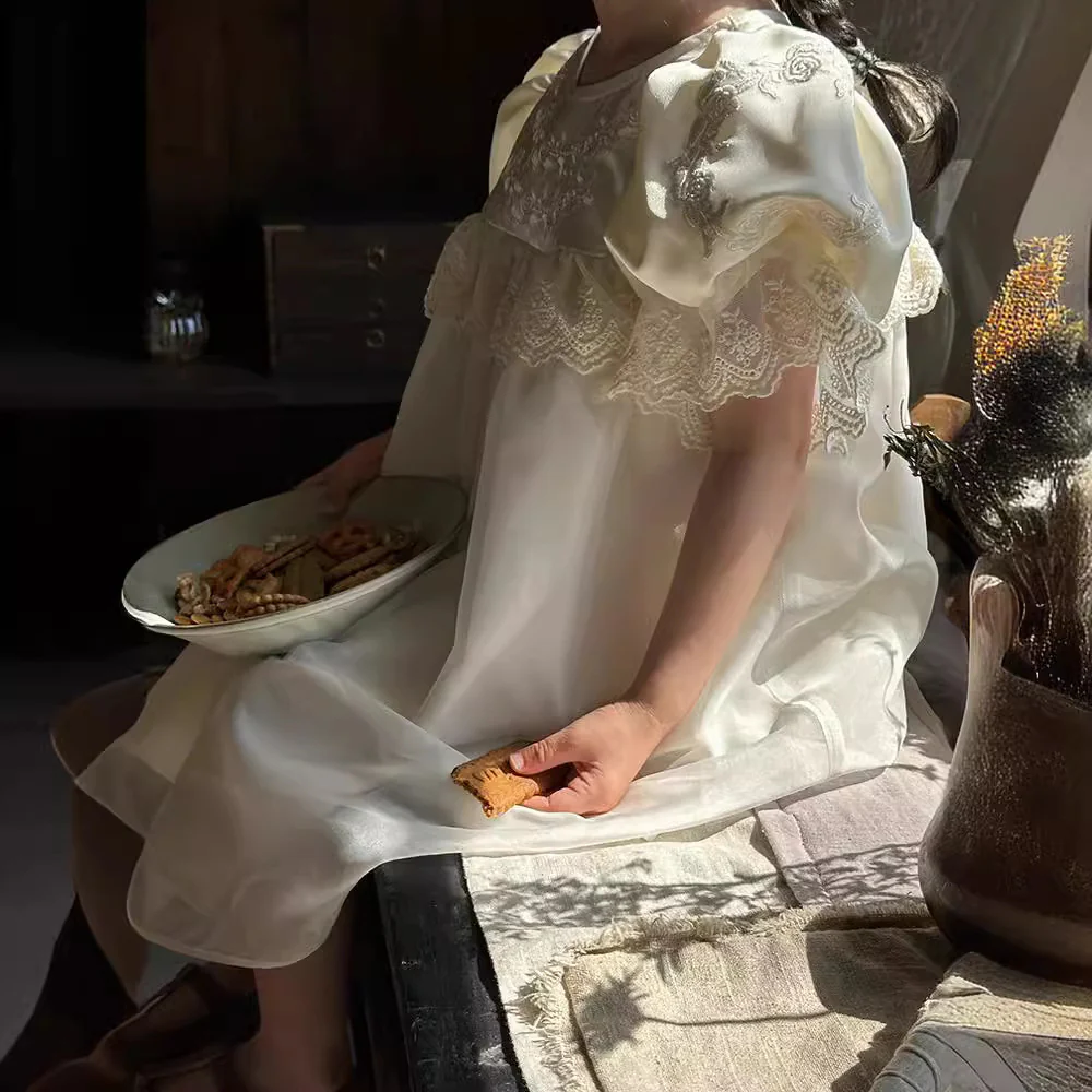 Girls' Court Style Dress  Summer New Korean Style Children's Machine Embroidery Princess Dress Tulle Skirt - Deanwangkt