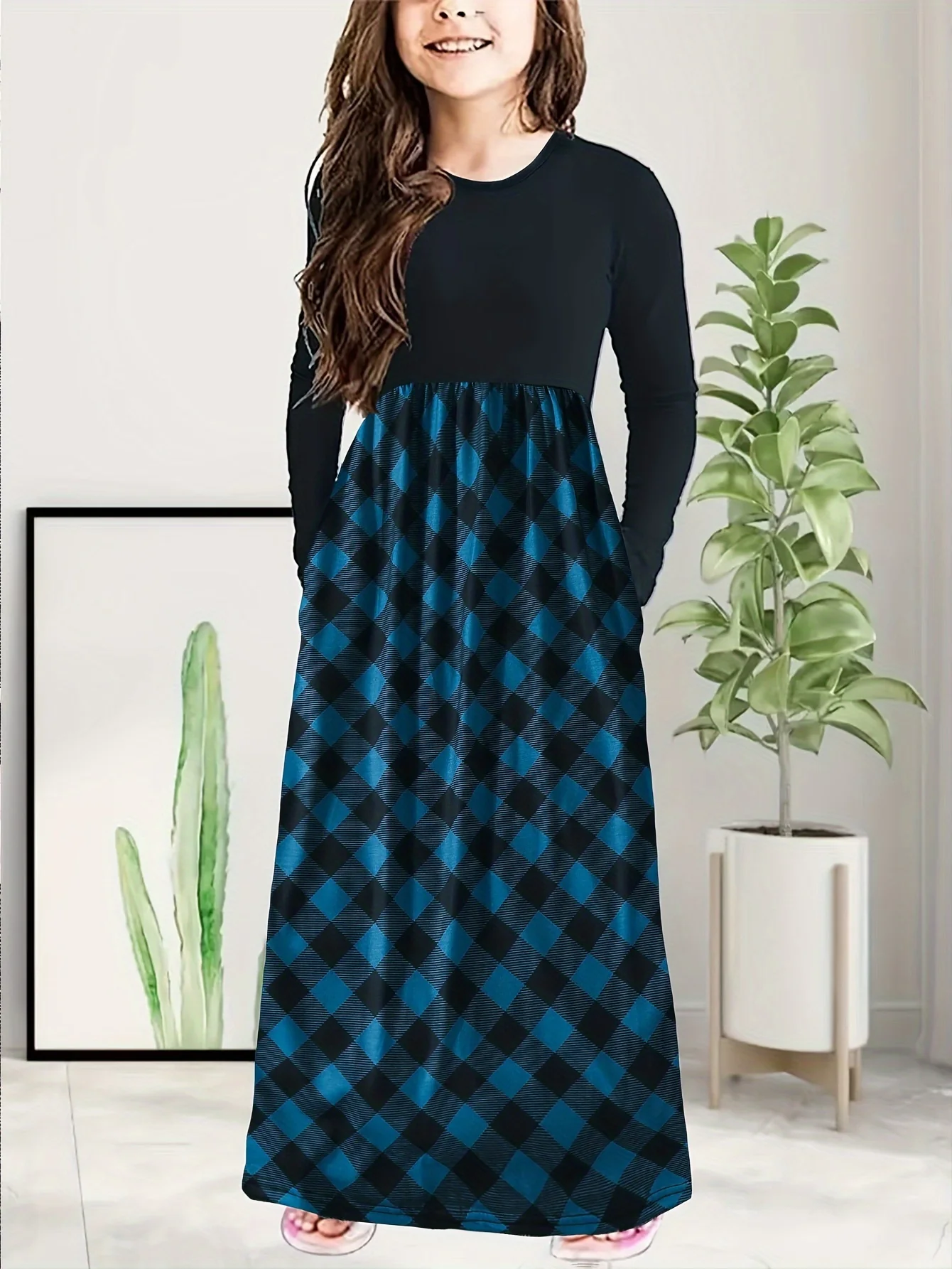 Girls Vibrant Plaid Crew Neck Long Sleeve Dress - Classic Design for Comfort and Warmth - Perfect for Fall and Christmas Parties - Deanwangkt