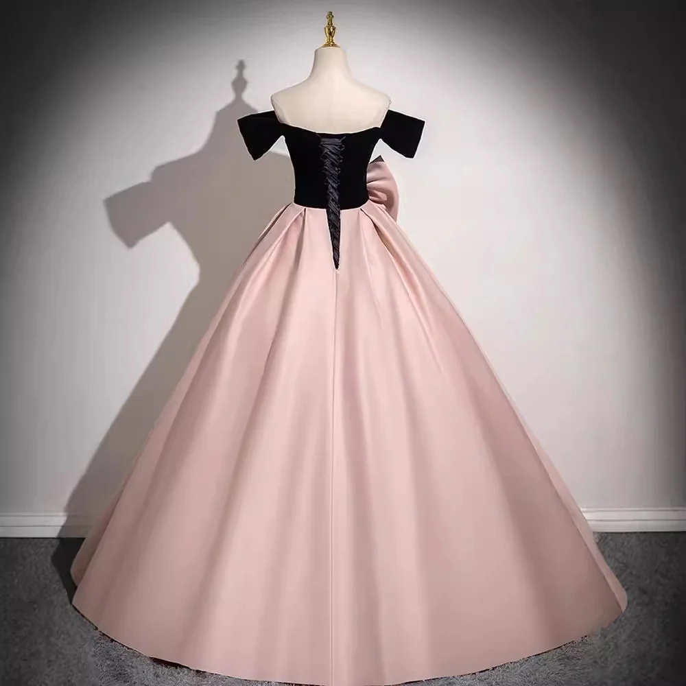 2025 Pink evening dress 2025 new one-word shoulder super fairy  satin princess dress birthday party art test dress dress dress - Deanwangkt