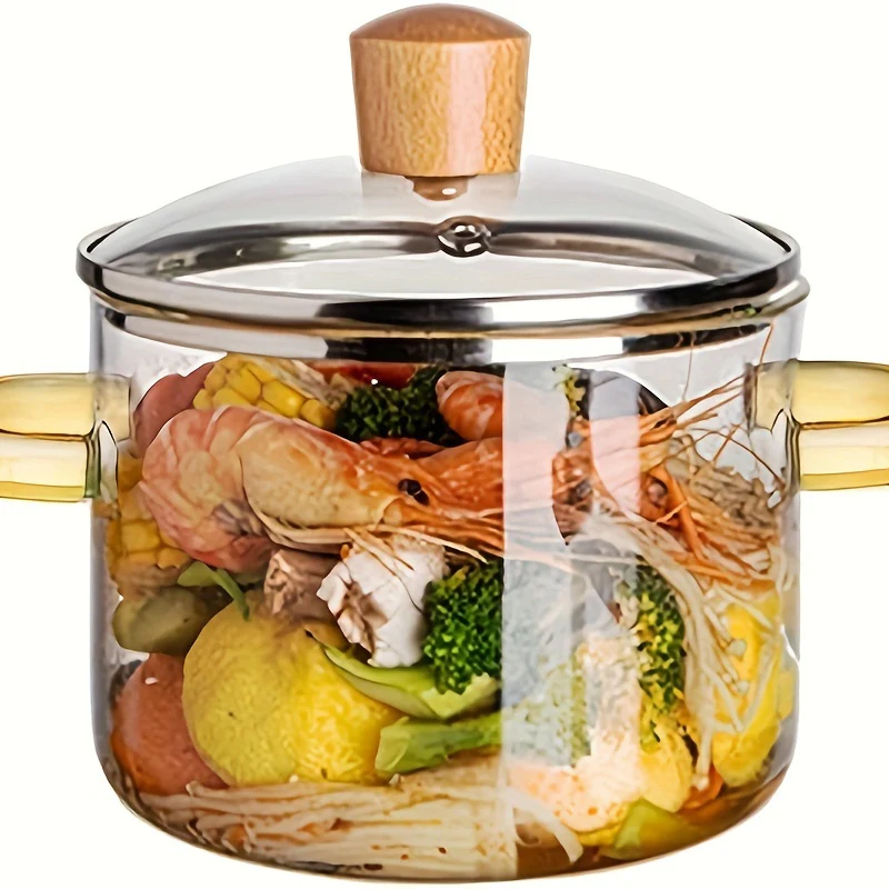 50.72oz Borosilicate Glass Stovetop Pot with Lid - Heat Resistant Transparent Cooking Pot for Soup, Milk, Porridge - Dual Yellow Handles, Microwavable & Stove Compatible Cookware - Deanwangkt