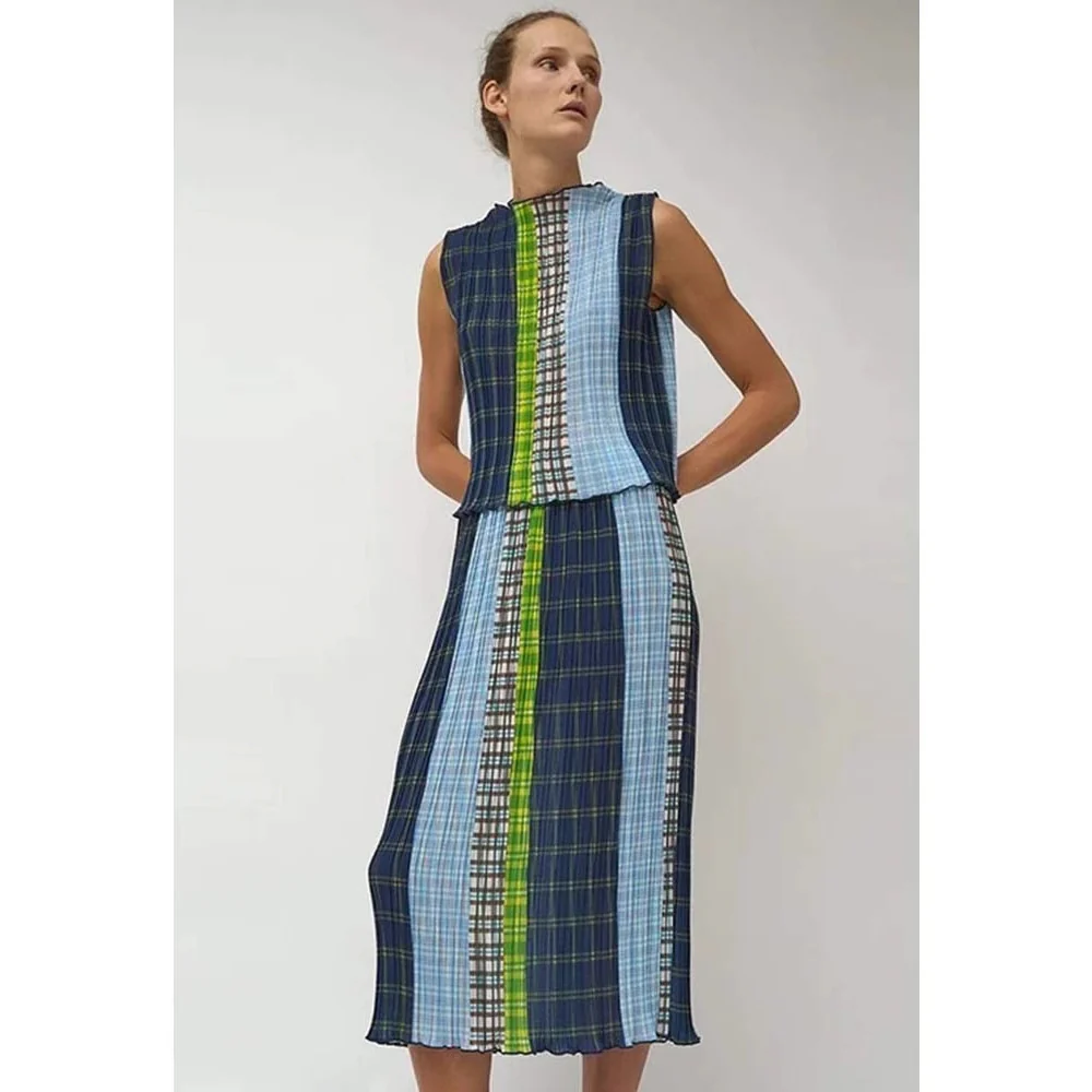 Siyuan, Miyake style new splicing plaid printing skirt summer elastic waist pleated medium and long skirt 9079 - Deanwangkt