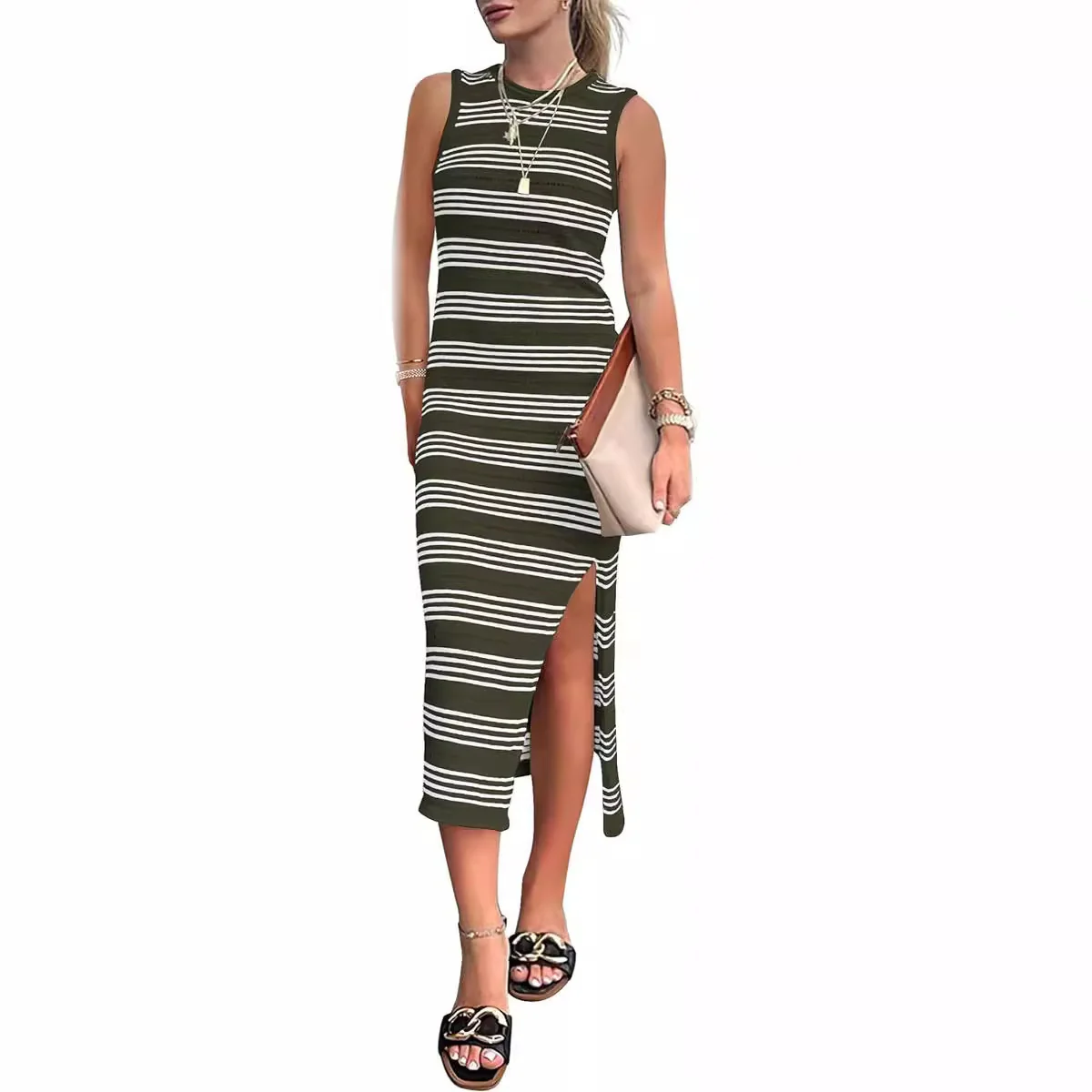 DEANWANGKT Hot European and American Summer Casual Mid-Length Sleeveless Hollow Knitted Side Slit Striped Vest Dress - Deanwangkt