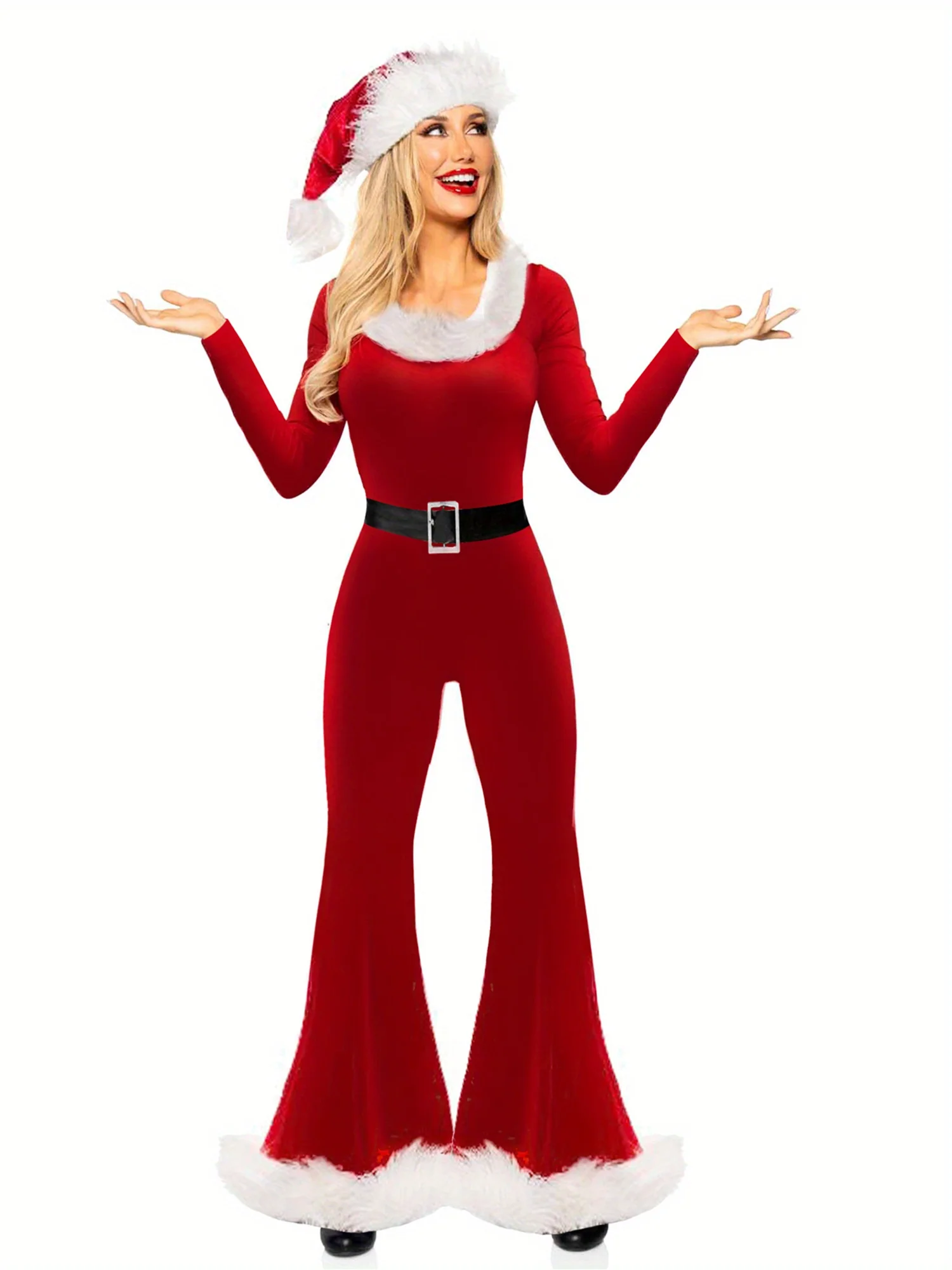 Women Christmas Costumes Cute Long Sleeve Flared Jumpsuit and Santa Hat Set for Cosplay Role-Playing Party Outfits - Deanwangkt