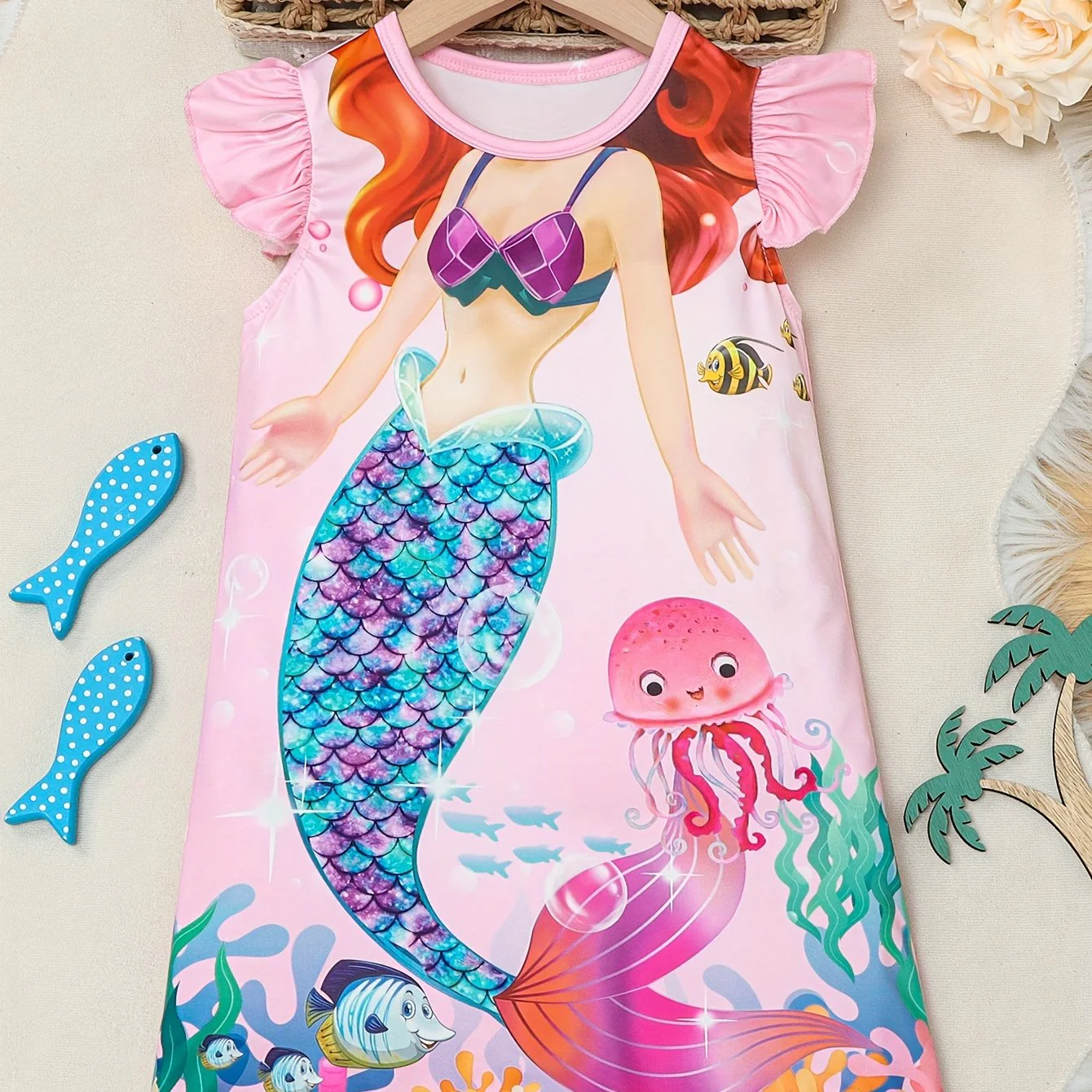 Girls Cartoon Mermaid Graphic Flutter Trim Crew Neck Knitted T-shirt Dress for Summer Party - Soft Slight Stretch Fabric, Machine Washable, Regular Fit, Portrait Pattern, Casual Style - Deanwangkt