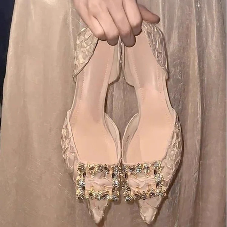 DEANWANGK  Stiletto Hollow  Summer New Sexy Dignified Rhinestone Square Buckle Low-Cut Pointed 6cm High Heels - Deanwangkt