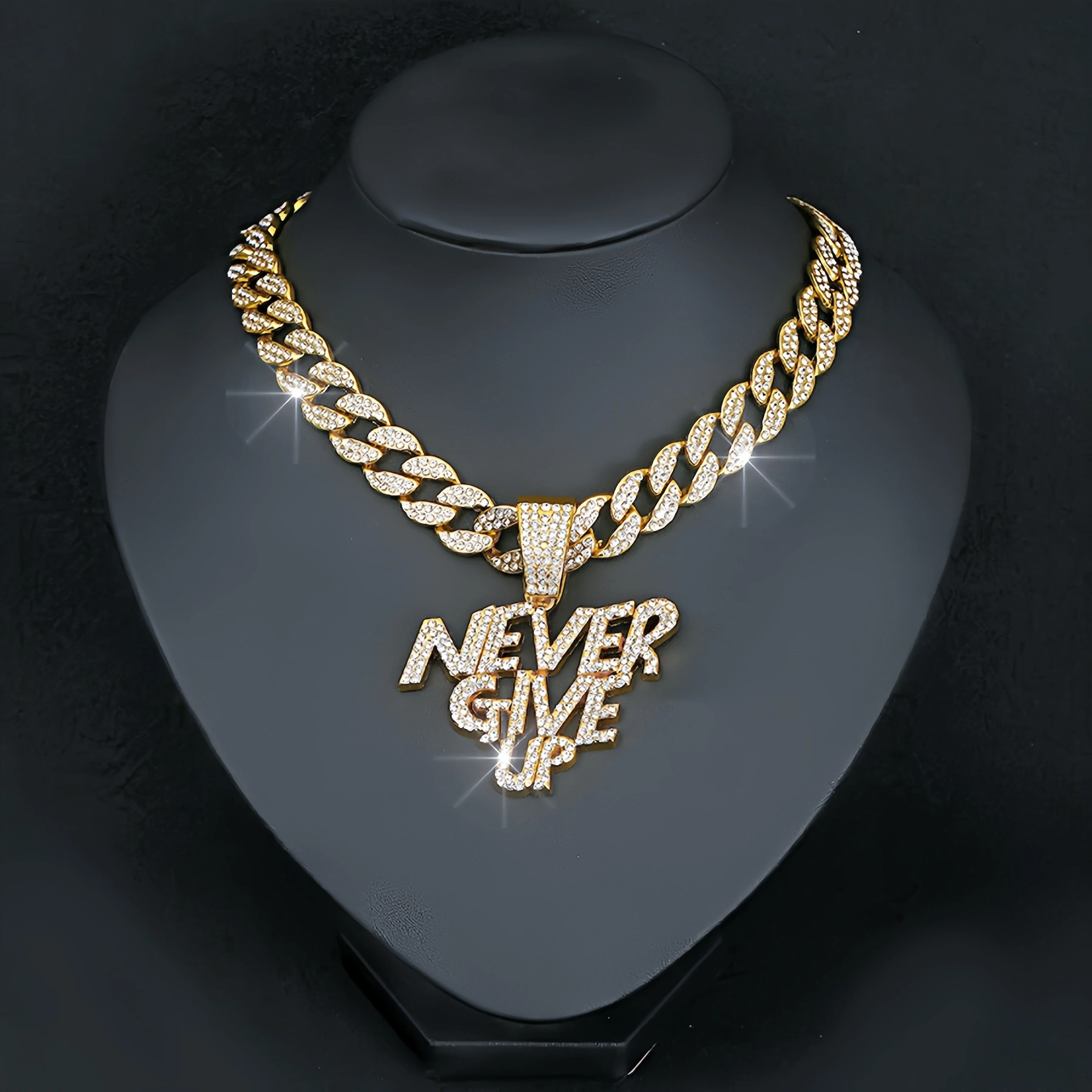 Never give up pendant hip hop Cuban chain necklace, chain length 18in wide 0.59in, gift box - Deanwangkt