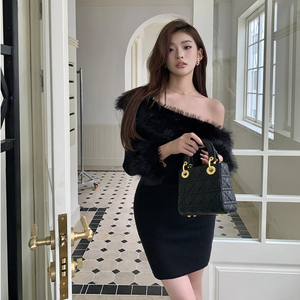 2025 Pure desire style Spice girl one-word shoulder splicing fur collar dress women's autumn and winter advanced sense slim and thin sexy short skirt - Deanwangkt