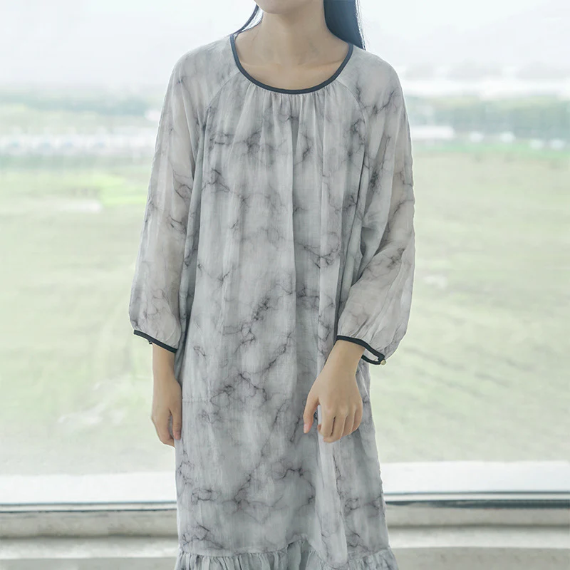 design literary and artistic smudged ramie fishtail dress, retro niche lace-up atmosphere long dress L22187 - Deanwangkt