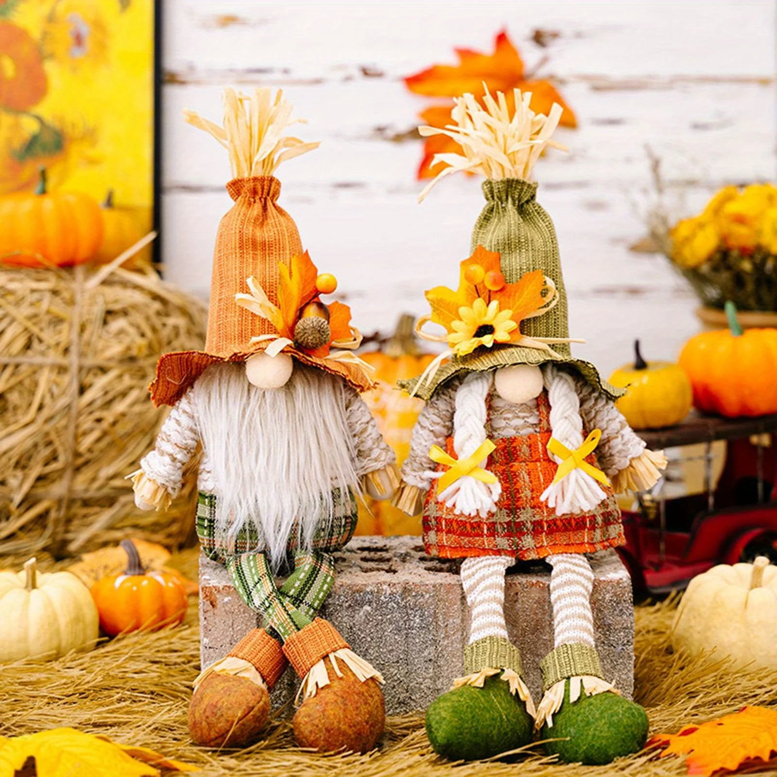 2PCS Handmade Thanksgiving Gnome Decorations, Fall Harvest Plush Swedish Gnomes with Maple Leaves Autumn Holiday Home Decor - Deanwangkt