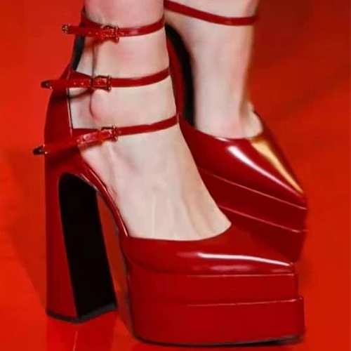 DEANWANGK  European and American Catwalk Buckled Chunky Heel Pointed-Toe Hollowed Patent Leather Sandals Super High Heel Platform High Heel Platform Shoes Catwalk Heel Shoes - Deanwangkt