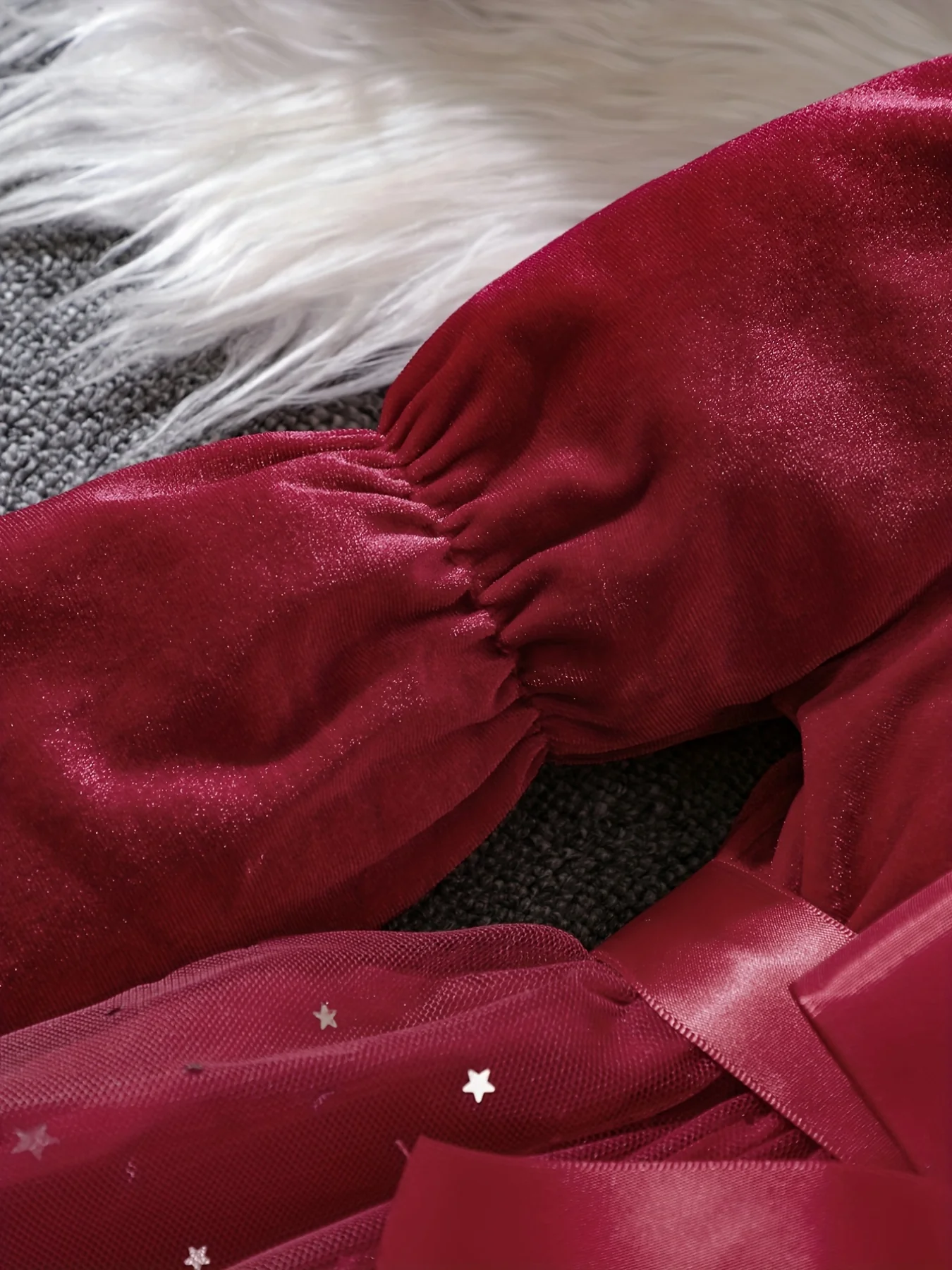 Girls' Gradient Mesh Christmas Velvet Stitching Lace-up Princess Dress For Autumn And Winter - Deanwangkt