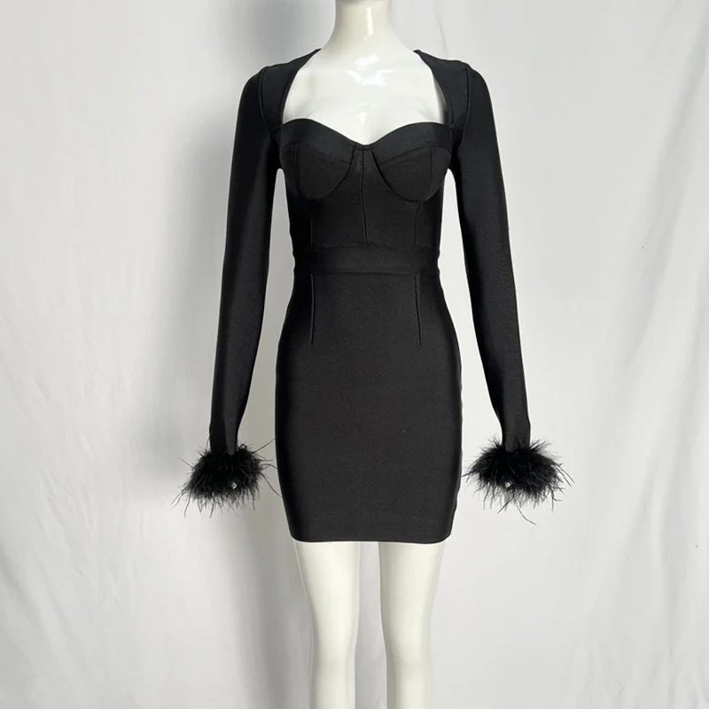 DEANWANGKT  Foreign Trade Cross-Border Long Sleeve Feather Sexy Stretch Slim Fit Socialite Bandage Dress Dress Dress - Deanwangkt