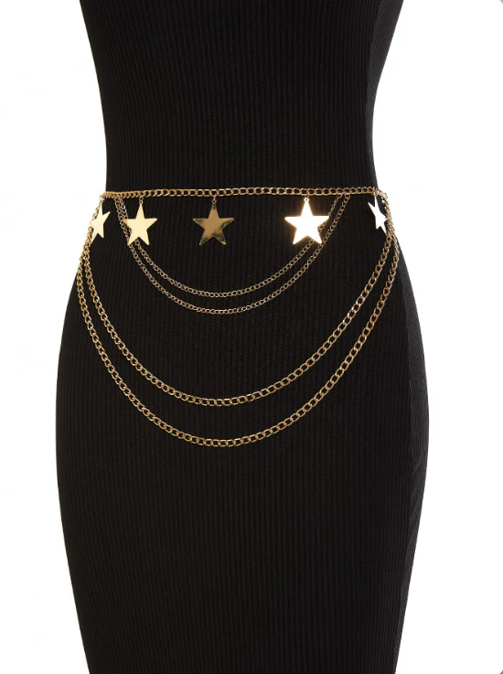 2025  3261 hot-selling metal chain, hand-spliced pentagram sheet pendant, wavy tassel pendulum chain, waist chain, body chain. - Deanwangkt