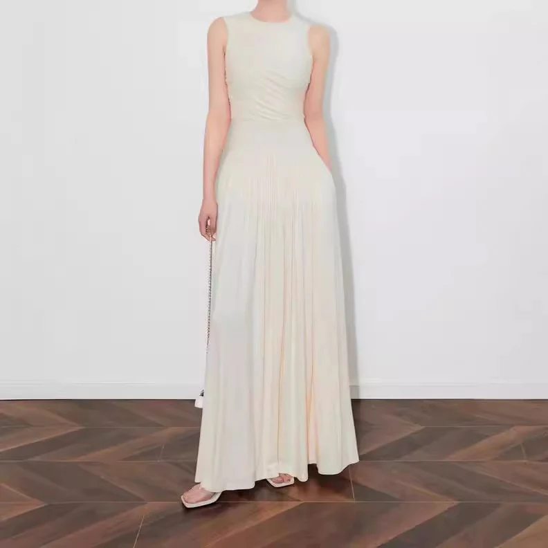 2025 popular summer new knitted thin round neck splicing sleeveless long dress women's versatile thin Muse skirt - Deanwangkt