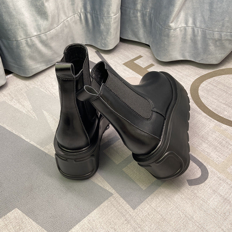 Grape Mom Studiolee Stretch Leather One Pedal Raise the Bottom round Toe Chelsea Short Boots for Women Summer and Autumn - Deanwangkt