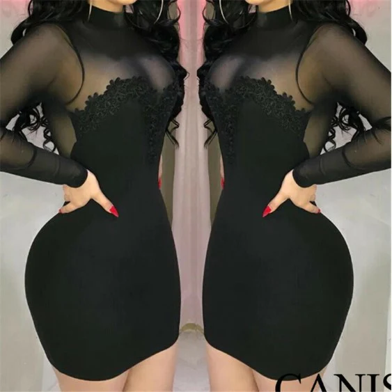 DEANWANGKT   Women's Collar Dress Long Sleeve Translucent Geometric Evening Dress Polyester Mini One-Piece Dress - Deanwangkt