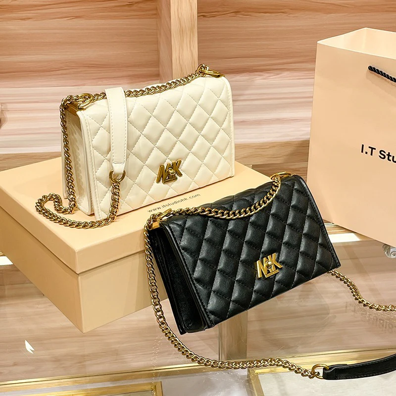 Hong Kong Genuine Leather Bag Classic Style Diamond Pattern Chain Bag Women's 204 Bag New Niche Shoulder Crossbody Small Square Bag - Deanwangkt