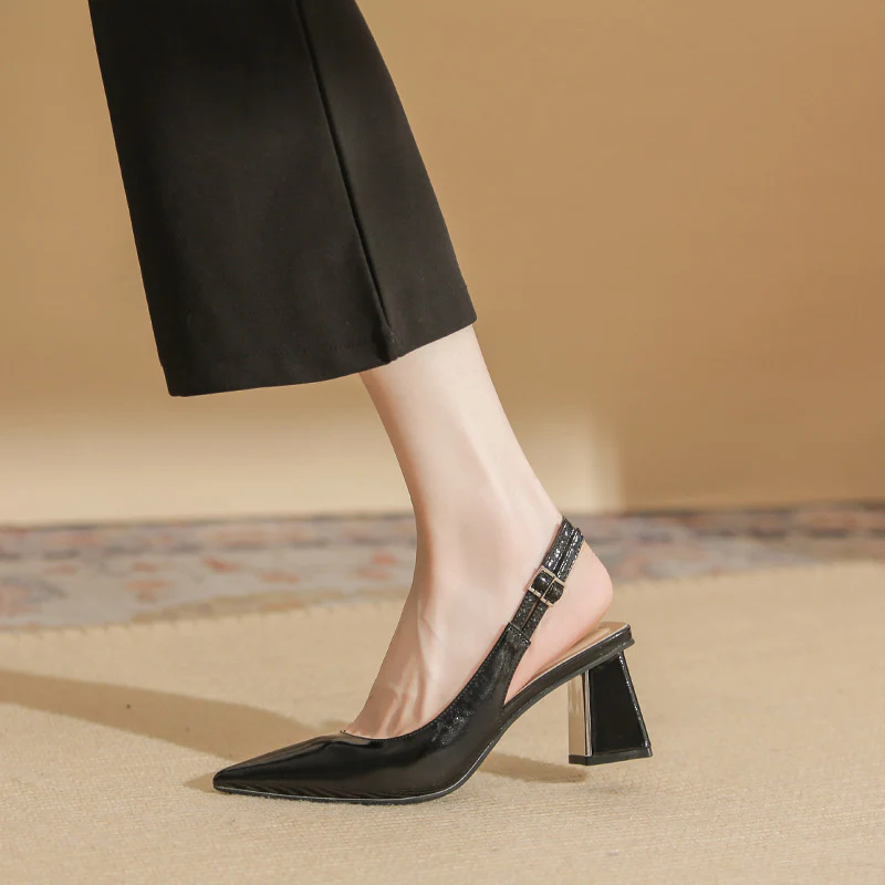 DEANWANGKT  61208 [Sheepskin] Pointed High Heel Shoes Women's Chunky Heel  Summer New Word Strap Closed Toe Sandals - Deanwangkt