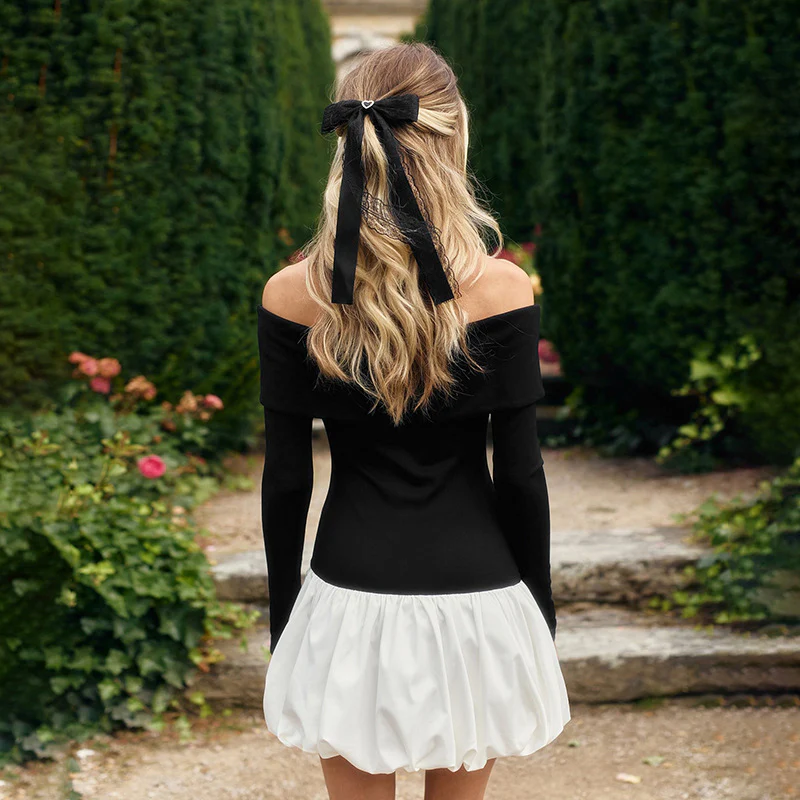 2025 DEANWANGKT   women's clothing autumn and winter new black and white splicing sexy one-word shoulder long-sleeved slim-fitting short bubble dress - Deanwangkt